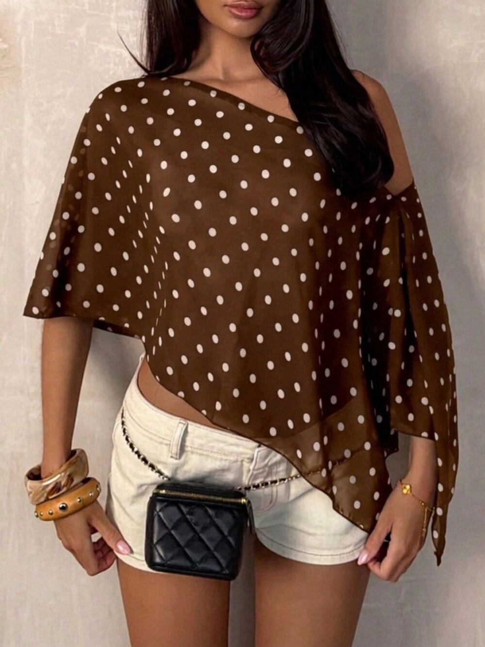 Coffee Brown Casual Women's Polka Dot Asymmetrical Shoulder Mesh Blouse